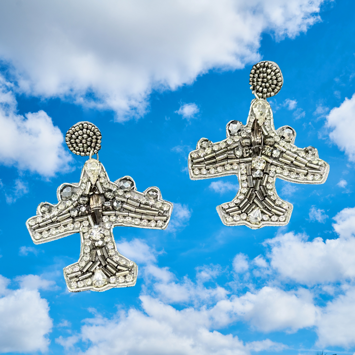 Beaded Airplane Earrings-Silver