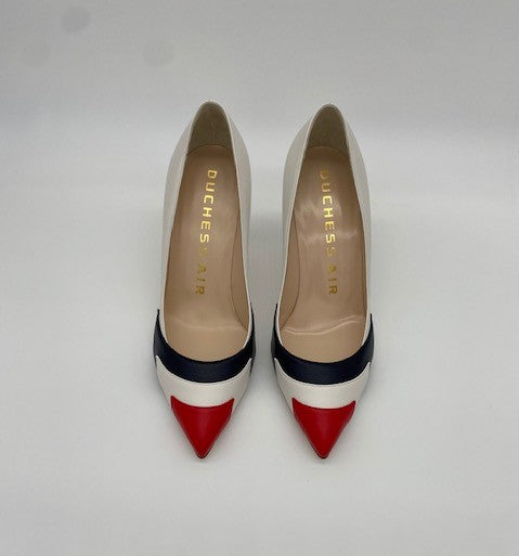 Lead solo air force thunderbird inspired red white and blue pumps.