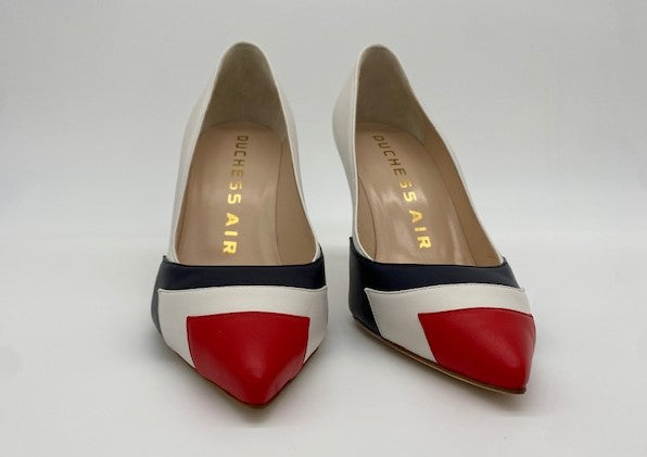 Lead solo air force thunderbird inspired red white and blue pumps.