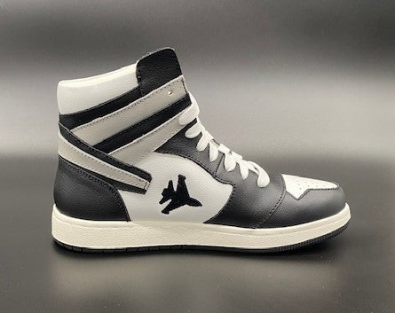 Black and white high top sneakers with Jet embroidered on the side with contrail.